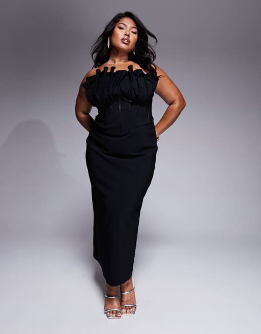 Vestido midi negro con detalle tipo corsé, escote palabra de honor y volante llamativo de ASOS DESIGN Curve