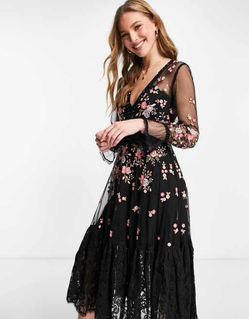 Vestido midi negro con diseño bordado de malla Eve de French Connection , 2 de 4