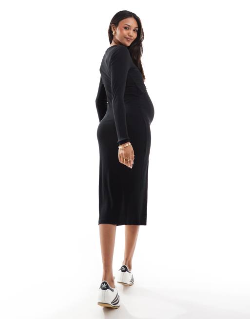 Vestido midi negro con diseño multifunción de canalé supersuave de Mamalicious Maternity, 3 de 4