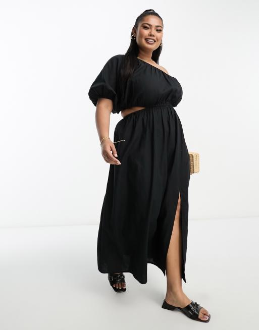 Vestido midi negro con escote asimétrico de lino de ASOS DESIGN Curve