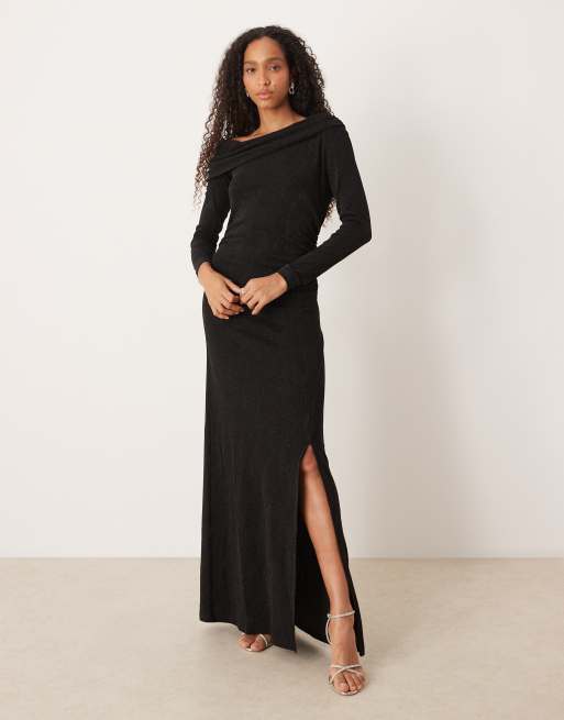 Vestido midi negro con escote Bardot, abertura en la pierna y acabado de purpurina de YAS