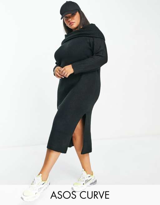 Vestido midi negro con escote Bardot de punto de ASOS DESIGN Curve