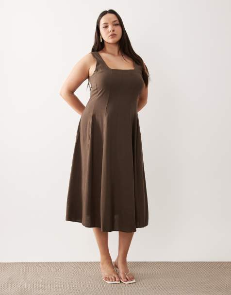 Vestido midi negro con escote cuadrado de tejido efecto lino de Vila Curve - view 1