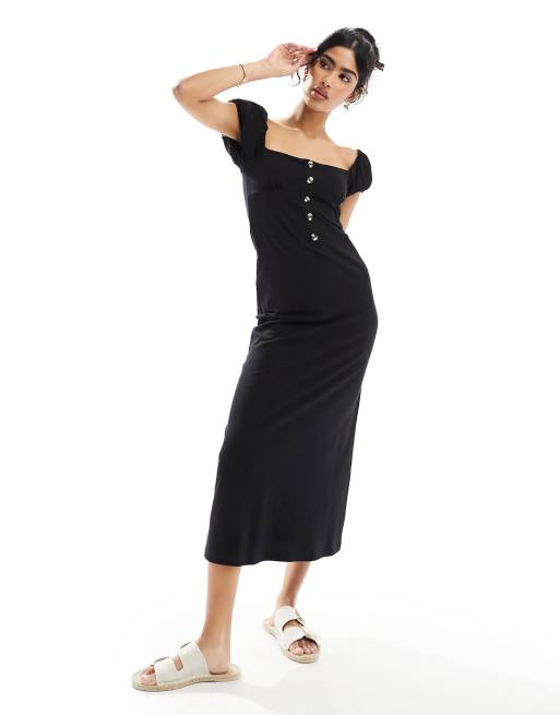 Vestido midi negro con escote cuadrado, mangas abullonadas y botones en la parte delantera de ASOS DESIGN