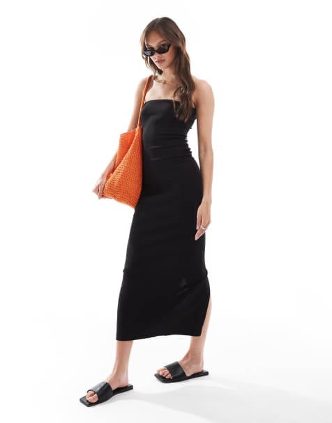 Vestido midi negro con escote palabra de honor de punto de algodón de Brave Soul - view 1