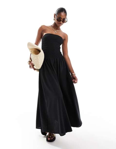 Vestido midi negro con escote palabra de honor y pecho fruncido de Brave Soul - view 1