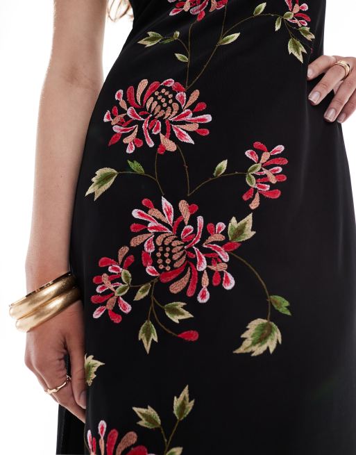 Vestido midi negro con espalda de nadadora y bordado floral de malla de ASOS DESIGN, 2 de 4