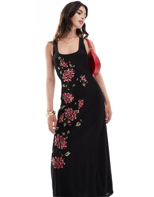 Vestido midi negro con espalda de nadadora y bordado floral de malla de ASOS DESIGN, 3 de 4