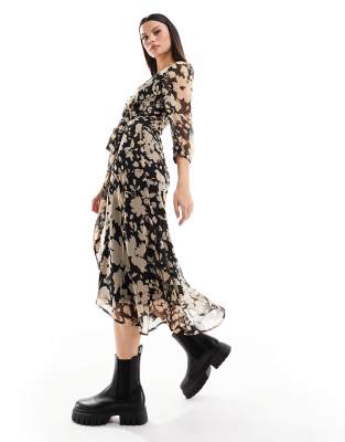 VESTIDO MIDI ESTAMPADO FLORAL CON LINO - Negro