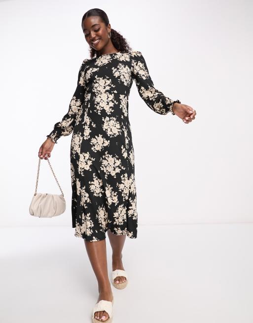 Vestido midi negro con estampado floral de New Look