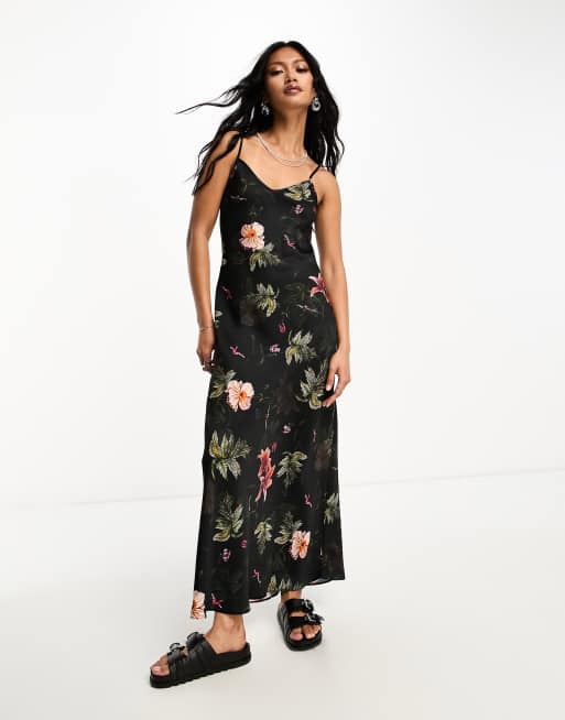 Vestido midi negro con estampado floral de saten Bryony Viviana de AllSaints ASOS