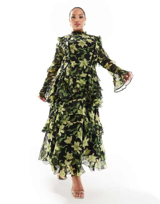 Vestido midi negro con estampado floral, detalle de volantes y ribete de encaje exclusivo de ASOS DESIGN Curve