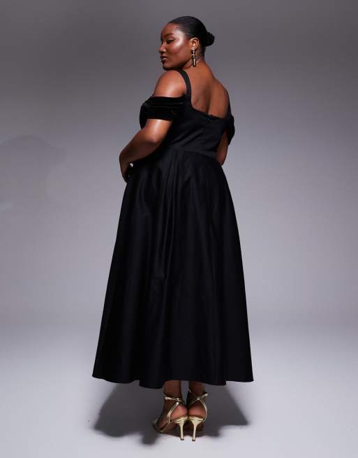 Vestido midi negro con falda de corte amplio e insertos de terciopelo de ASOS LUXE Curve, 3 de 4