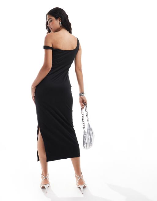 Vestido midi negro con hombro caído de punto roma de ASOS DESIGN, 2 de 4