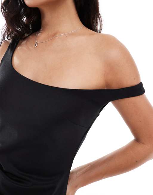 Vestido midi negro con hombro caído de punto roma de ASOS DESIGN, 3 de 4