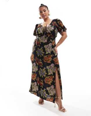 Vestido midi negro con mangas abullonadas, detalle de lazada y estampado floral vintage de ASOS DESIGN Curve