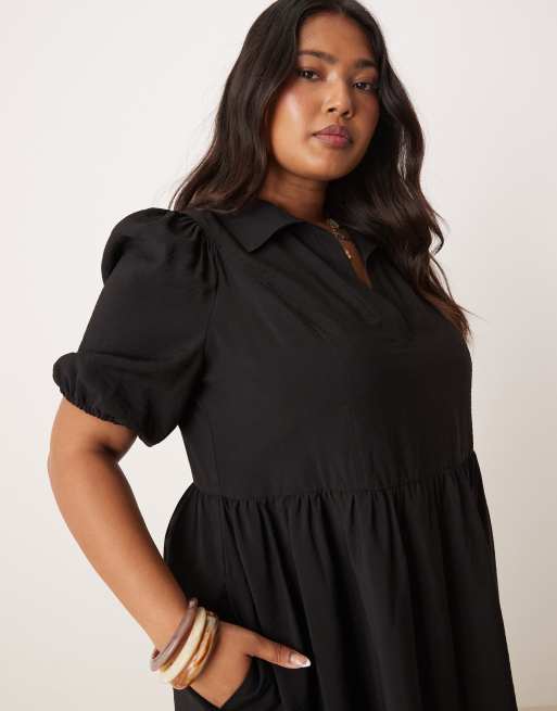 Vestido midi negro con mangas abullonadas y cuello de solapas de Nobody's Child Plus, 2 de 4