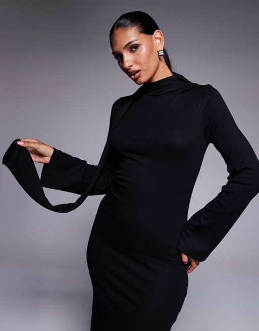 Vestido midi negro con mangas acampanadas y detalle de fular de ASOS DESIGN, 4 de 4
