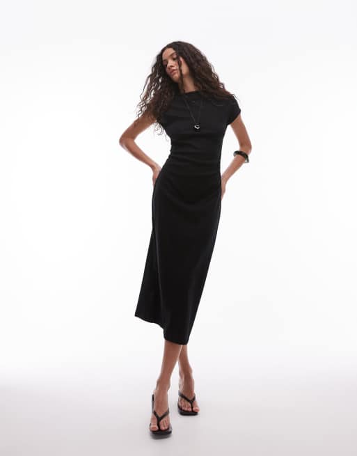 Vestido midi negro con mangas de casquillo de canalé fino de Mango