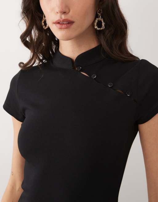 Vestido midi negro con mangas de casquillo y botón con presilla de ASOS DESIGN, 4 de 4