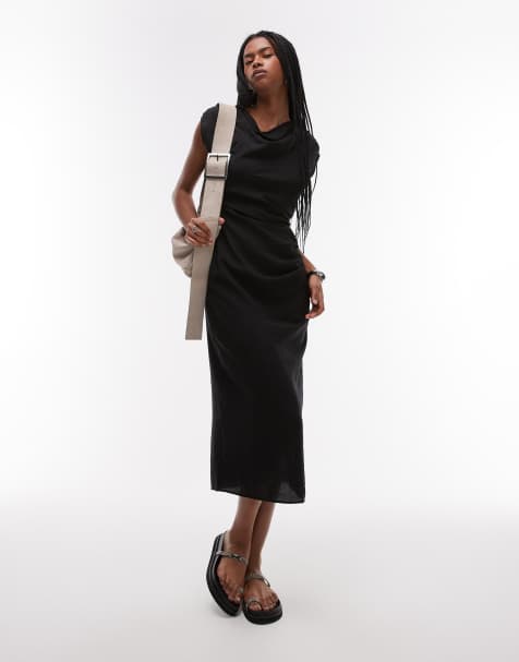 Vestido midi negro con mangas de casquillo y lateral fruncido de Mango - view 1