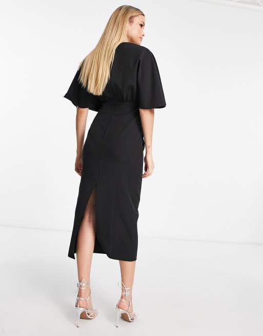 Vestido midi negro con mangas tipo blusón y detalle plisado de ASOS DESIGN Tall, 2 de 4