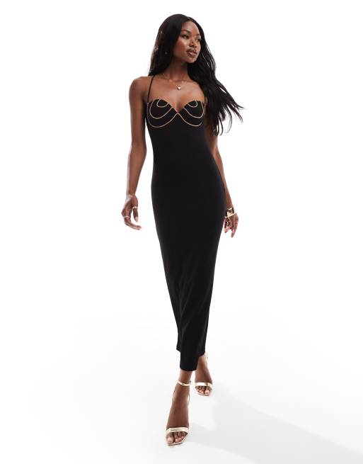 Vestido midi negro con ribetes de strass color bronce en las copas de ASOS DESIGN