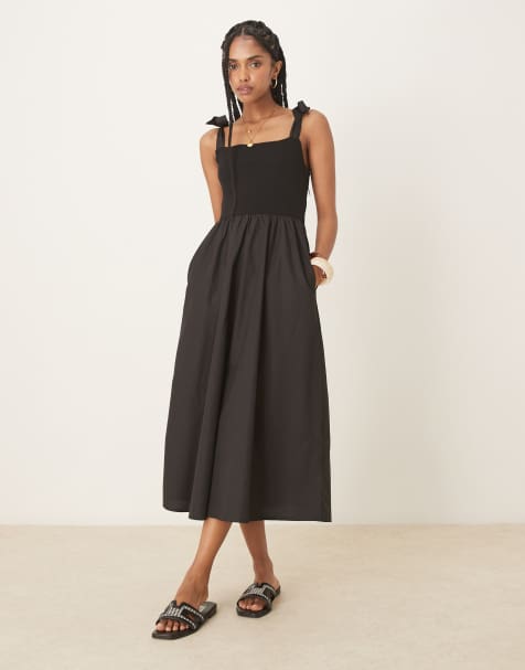 Vestido midi negro con tirantes anudados de punto liso de Threadbare - view 1
