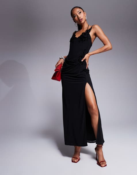 Vestido midi negro con tirantes finos, cuello desbocado, detalle drapeado y aplicación floral de ASOS DESIGN - view 1
