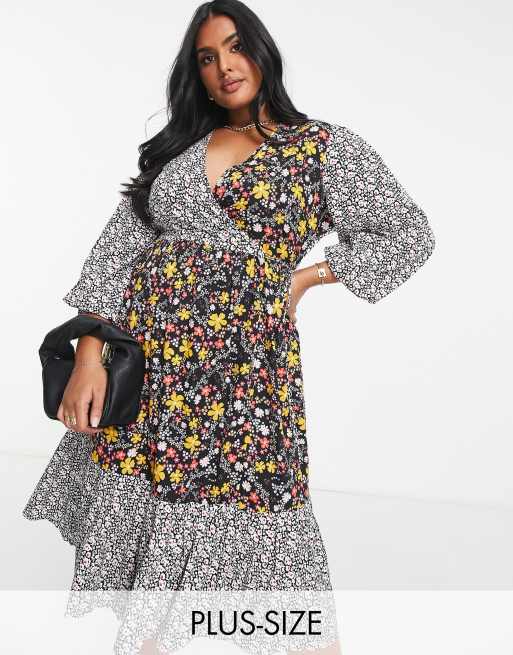 Vestido midi negro cruzado con estampado floral en contraste de Yours