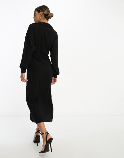Vestido midi negro cruzado con solapas de tejido texturizado de ASOS DESIGN, 3 de 4