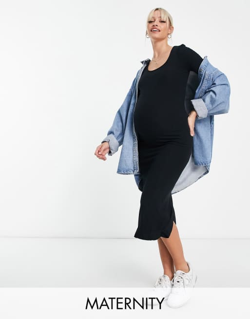 Vestido midi negro de canalé de River Island Maternity ASOS