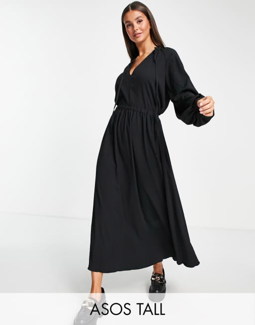 Vestido midi negro de corte amplio con cordón ajustable y acabado texturizado de ASOS DESIGN Tall
