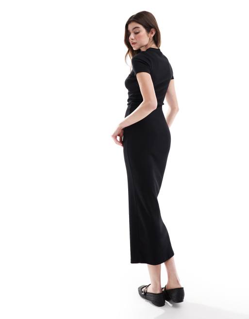 Vestido midi negro de corte recto y manga corta de canalé de ASOS