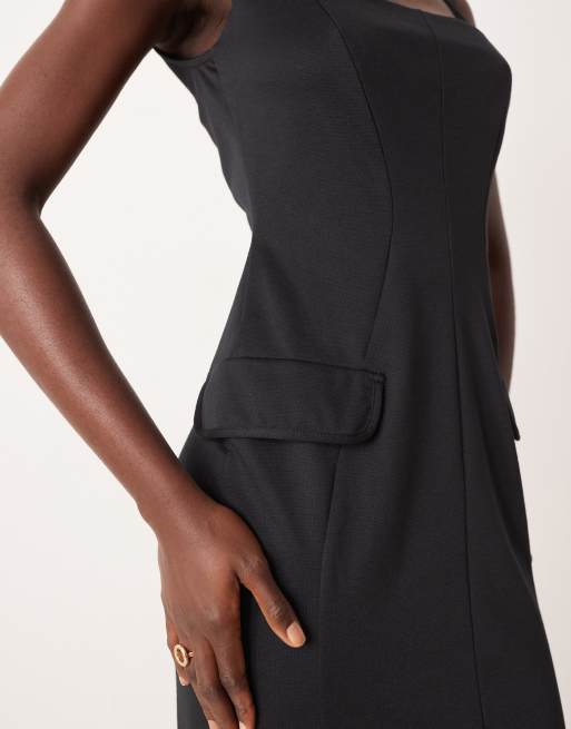 Vestido midi negro de estilo worker con escote cuadrado y costuras de ASOS DESIGN, 3 de 4