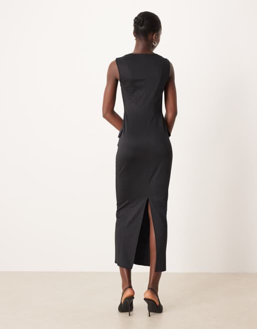 Vestido midi negro de estilo worker con escote cuadrado y costuras de ASOS DESIGN, 4 de 4