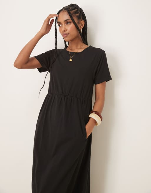 Vestido midi negro de manga corta con bolsillos de punto liso de Threadbare, 2 de 4