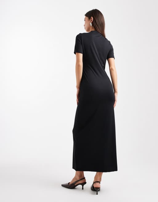 Vestido midi negro de manga corta con tapeta de botones asimétrica de ASOS DESIGN, 3 de 4