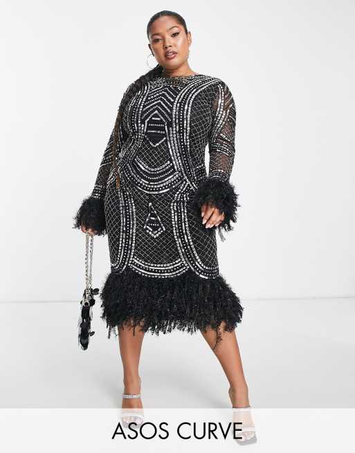Vestido midi negro de manga larga con adornos de lentejuelas y ribetes de plumas sintéticas de ASOS DESIGN Curve
