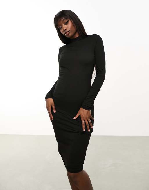 Cuello Alto Vestido Entallado Manga Larga Vestido Midi Negro De