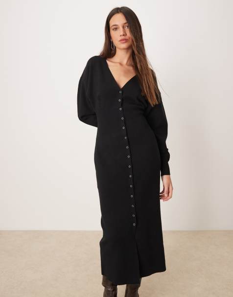 Vestido midi negro de manga larga con cuello de pico y botones de punto de Gina Tricot - view 1