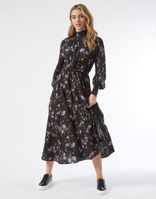 Vestido midi negro de manga larga con cuello fruncido de Miss Selfridge