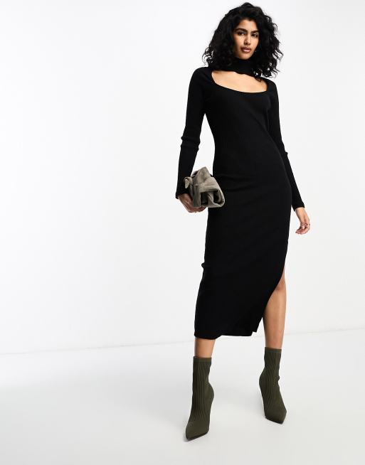 Vestido midi negro de manga larga con detalle de gargantilla de canalé muy suave de ASOS DESIGN