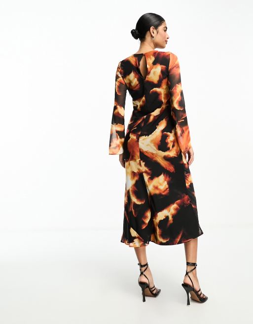 Vestido midi negro de manga larga con diseño estampado de chifón de ASOS DESIGN, 3 de 4