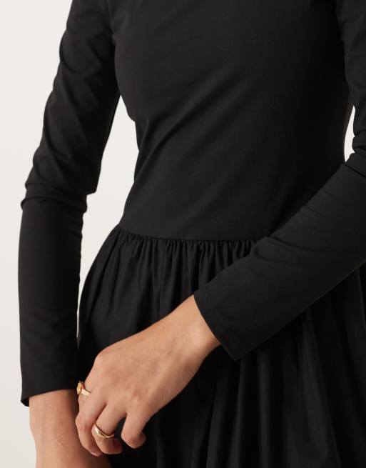 Vestido midi negro de manga larga con diseño híbrido de ASOS DESIGN, 3 de 4
