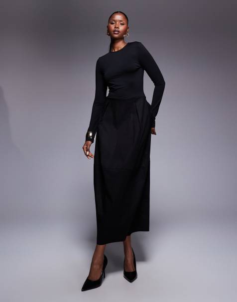 Vestido midi negro de manga larga con diseño híbrido y falda de corte cocoon de ASOS DESIGN - view 1