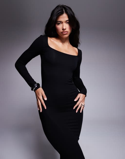 Vestido midi negro de manga larga con escote cuadrado redondeado de ASOS DESIGN, 2 de 4