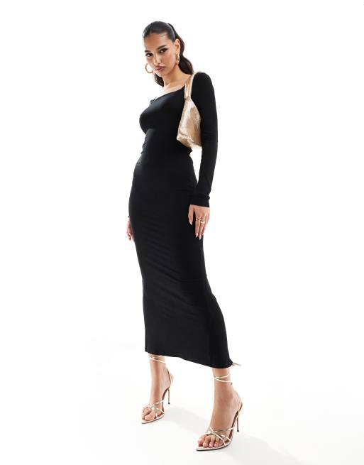 Vestido midi negro de manga larga con escote cuadrado y detalle de tiras cruzadas en la espalda de ASOS DESIGN