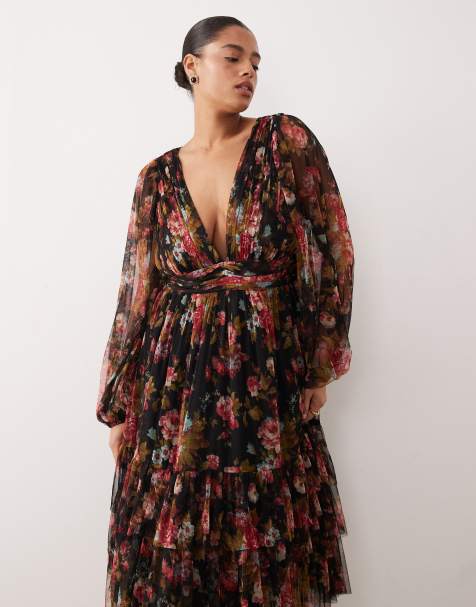 Vestido midi negro de manga larga con estampado floral Madison de Lace & Beads Plus - view 1