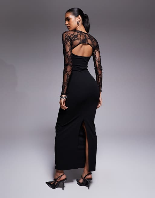 Vestido midi negro de manga larga de encaje calado de ASOS DESIGN, 3 de 4